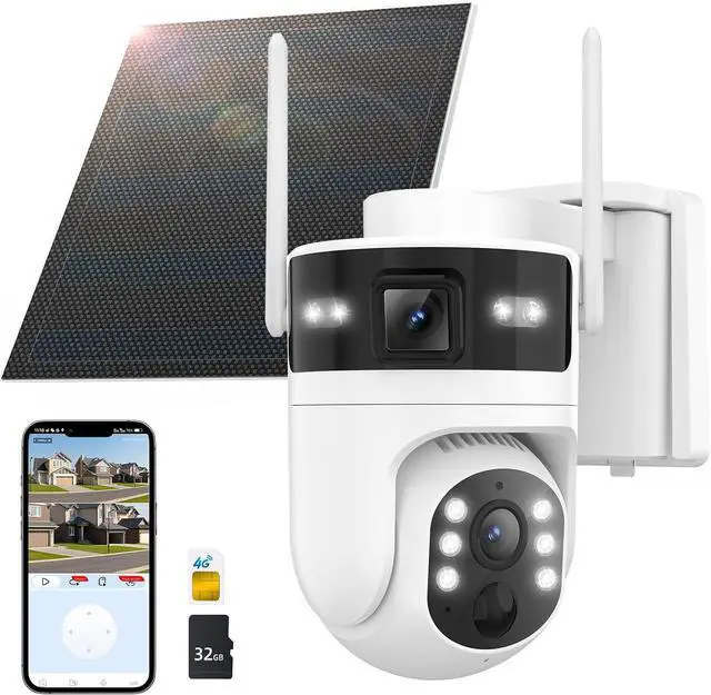 Main image of 4G LTE Cellular Solar Security Camera Wireless Outdoor: Dual-Lens Cámara, Pan and Tilt, 360° Live View, with SIM Card and 32GB SD Card, No WiFi, 2K Color Night Vision, 2 Way Talk, PIR Motion