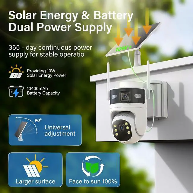 Alt view image 5 of 7 - 4G LTE Cellular Solar Security Camera Wireless Outdoor: Dual-Lens Cámara, Pan and Tilt, 360° Live View, with SIM Card and 32GB SD Card, No WiFi, 2K Color Night Vision, 2 Way Talk, PIR Motion