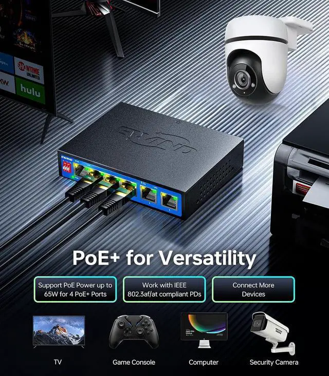 Alt view image 2 of 7 - EWIND 2025 Upgraded 10 Port Gigabit PoE Switch, 8 PoE+ Ports @96W + 2 Gigabit Uplink, Lifetime Protection, Plug & Play Unmanaged Ethernet Switch, Extend/Auto Recovery/VLAN Mode, Desktop or Wall Mount