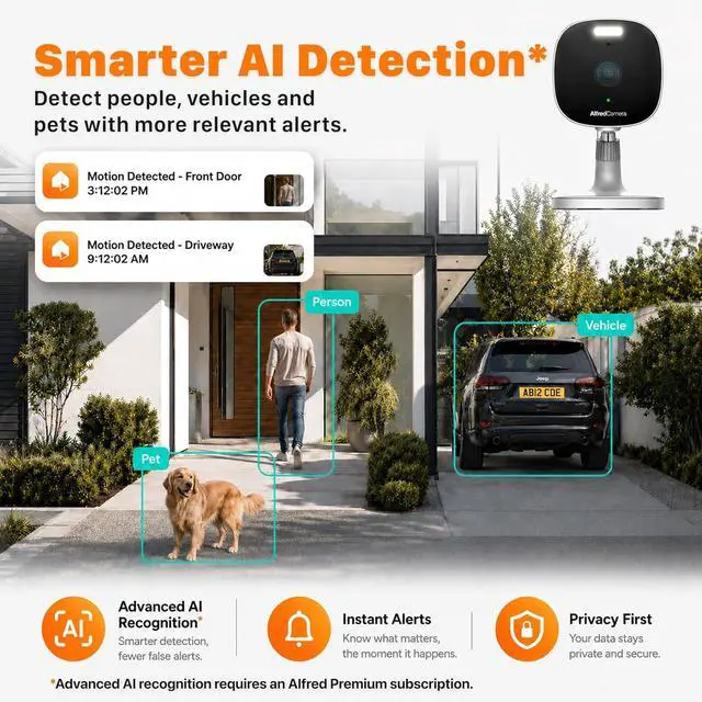 Alt view image 5 of 7 - AlfredCam Plus 2 Smart Home Security Camera 2.5K, WiFi 2.4 & 5GHz, Indoor/Outdoor, IP65 Waterproof, LED Spotlight, Two-Way Audio, Color Night Vision, Baby/Pet Cam, App Powered (100M+ downloads)