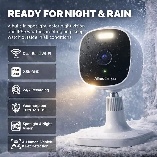 Alt view image 2 of 7 - AlfredCam Plus 2 Smart Home Security Camera 2.5K, WiFi 2.4 & 5GHz, Indoor/Outdoor, IP65 Waterproof, LED Spotlight, Two-Way Audio, Color Night Vision, Baby/Pet Cam, App Powered (100M+ downloads)