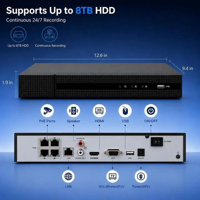 Alt view image 7 of 7 - ERI-K104-P4 4-Channel PoE NVR, 8MP Network Video Recorder, H.265+/H.264+, 4 PoE Ports, HDMI/VGA 4K Output, 1 SATA Bay, ONVIF Compatible for IP Security Cameras