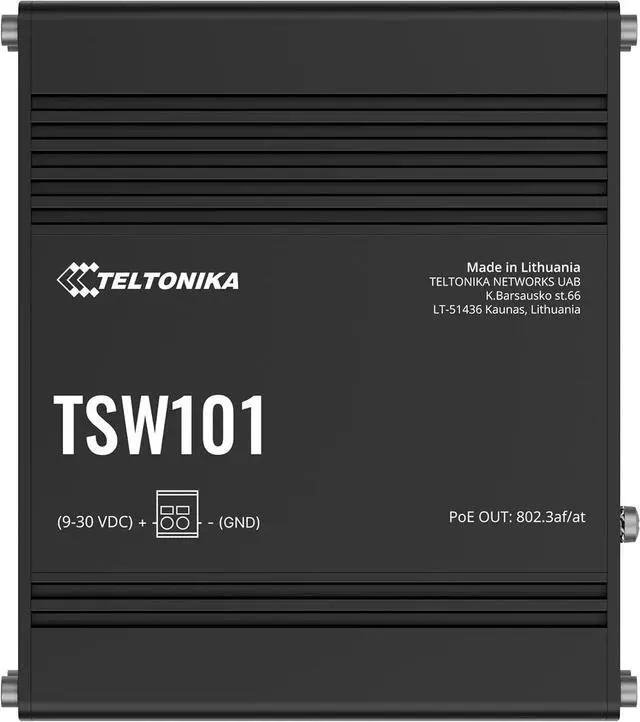 Main image of Teltonika TSW101 TSW101000001 Industrial Gigabit PoE+ Ethernet Switch, 5-Port Unmanaged Plug-and-Play, 4 PoE+ Ports, PROFINET Certified, Automotive & IoT Applications, North America Version