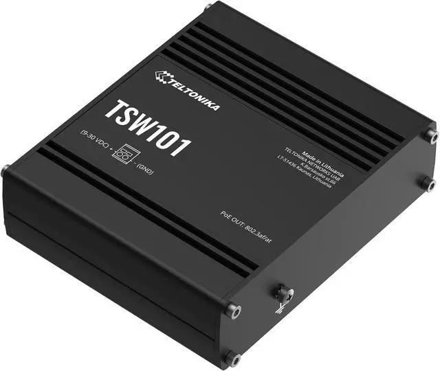 Alt view image 2 of 7 - Teltonika TSW101 TSW101000001 Industrial Gigabit PoE+ Ethernet Switch, 5-Port Unmanaged Plug-and-Play, 4 PoE+ Ports, PROFINET Certified, Automotive & IoT Applications, North America Version