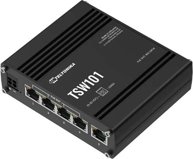 Alt view image 3 of 7 - Teltonika TSW101 TSW101000001 Industrial Gigabit PoE+ Ethernet Switch, 5-Port Unmanaged Plug-and-Play, 4 PoE+ Ports, PROFINET Certified, Automotive & IoT Applications, North America Version