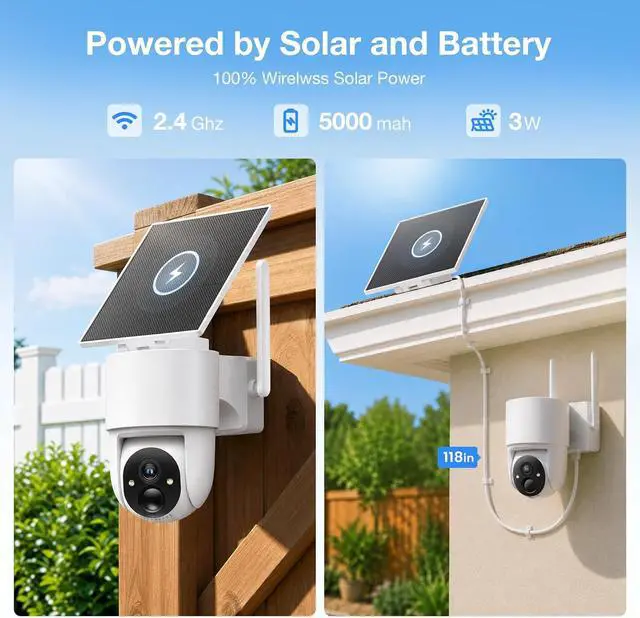 Alt view image 2 of 7 - Tical Wireless Security Camera Outdoor, 4MP Solar Outdoor Security Camera, 24/7 Continuous Recording, 2.4GHz WiFi, 360° PTZ, Color Night Vision, PIR Motion Alerts, 2-Way Audio, White