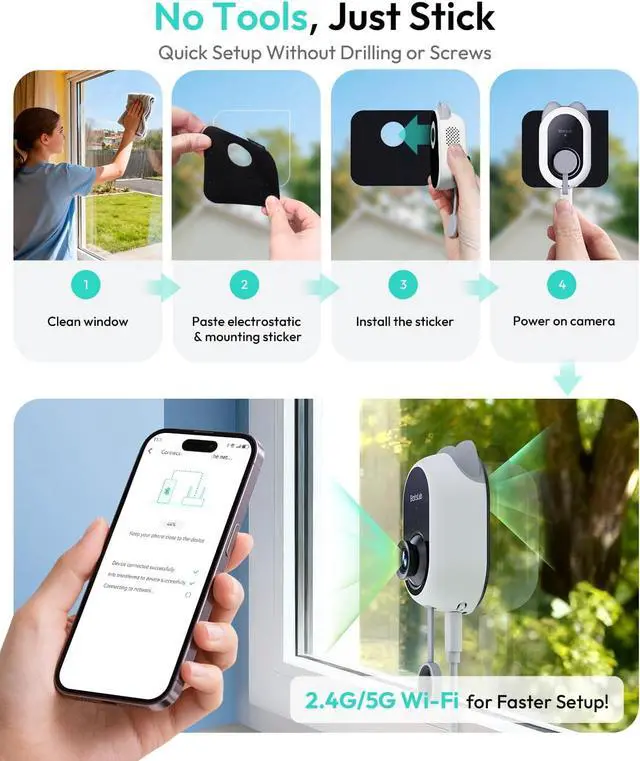 Alt view image 2 of 2 - BOTSLAB 4K Security Cameras Wireless Outdoor, No Subscription, 4 Cam-Kit, Dual-Lens 4MP Window Cameras for Home Security, No Drill Indoor Camera, TrueColor Night Vision