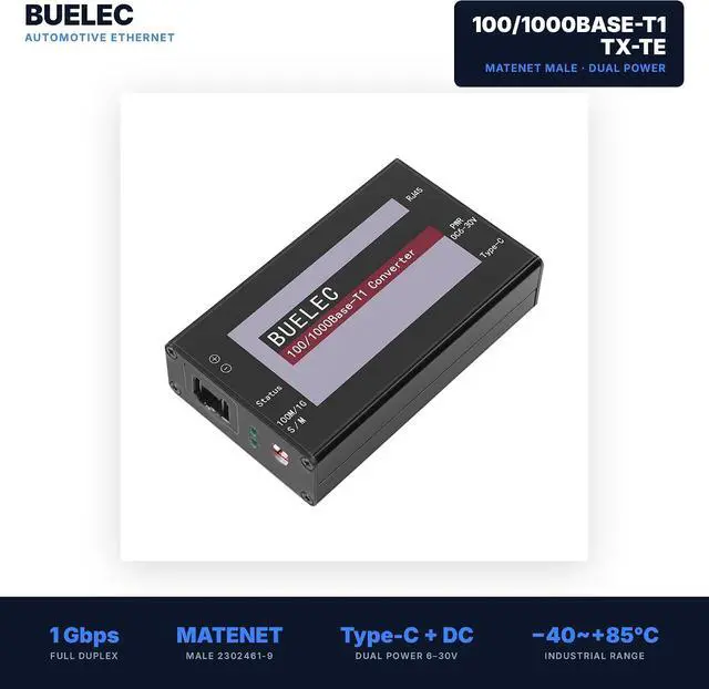 Alt view image 2 of 7 - 100/1000Base-T1-TX-TE Automotive Ethernet Media Converter - 100/1000BASE-T1 to TX Adapter, Marvell 88Q2112 & Realtek RTL8211FI Phy, MATENET Connector, Industrial GradeType-C/DC Power
