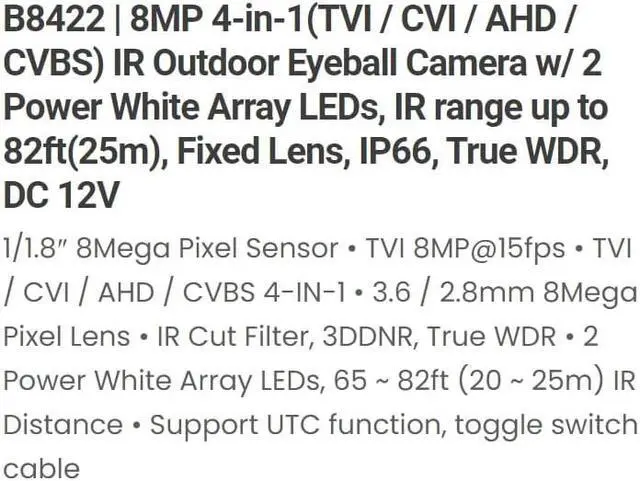 Alt view image 3 of 4 - Eyemax TIB-B8422 8MP 4K UHD Eyeball Night Vision Camera 3.6mm Fixed Lens in/Outdoor use White Color 12V DC
