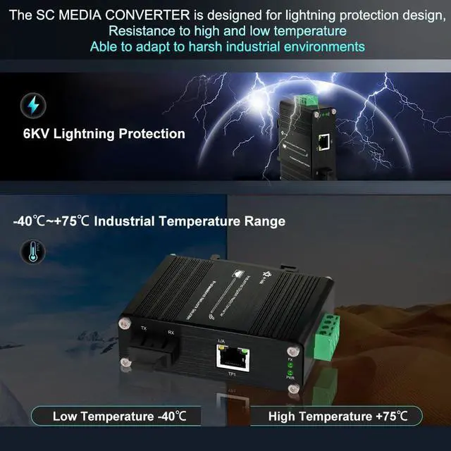 Alt view image 6 of 7 - Mini Industrial Gigabit Multi-Mode Media Converter Hardened 10/100/1000Mbps RJ45 Ethernet Optical Transceiver with 100/1000Base-FX SC Port Auto Detection Transmission Max 550m 12~48V DC