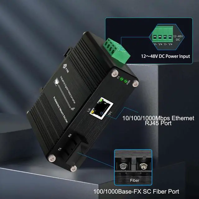 Alt view image 2 of 7 - Mini Industrial Gigabit Multi-Mode Media Converter Hardened 10/100/1000Mbps RJ45 Ethernet Optical Transceiver with 100/1000Base-FX SC Port Auto Detection Transmission Max 550m 12~48V DC