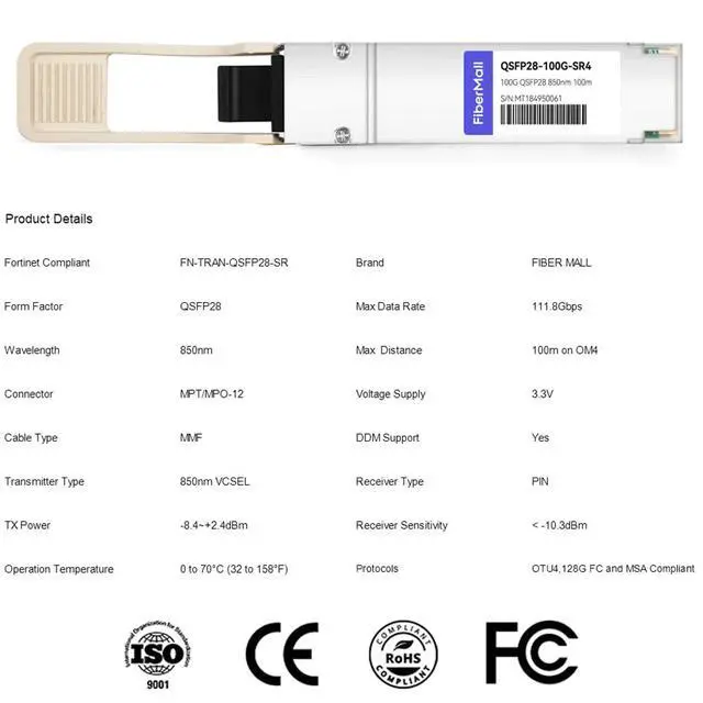 Alt view image 2 of 7 - 100G QSFP28 SR4 for Fortinet FN-TRAN-QSFP28-SR 100GBASE-SR4 QSFP28 850nm 100m DOM MTP/MPO DOM Optical Transceiver Module