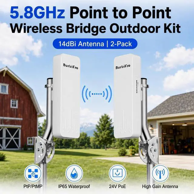 Alt view image 5 of 7 - Point to Point Wireless Bridge Outdoor Kit, 5.8GHz with 14dBi Antenna - Extend Network to Barn, Shop, Garage