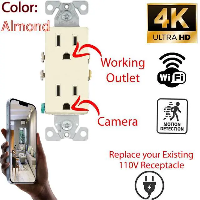 Alt view image 2 of 5 - 4K Ultra HD Oultet Receptacle Wall Socket Wi-Fi Pinhole Nanny Spy Camera - 120V AC Wired (Uses Existing Wires Inside Wall) - Light Almond/Square