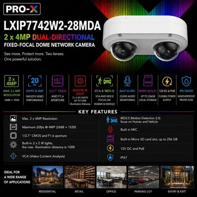 Alt view image 2 of 7 - LTS Pro-X LXIP7742W2-28MDA IP 2x4MP Dual Lens PoE 100ft IR Mic Alarm I/O NDAA Dome Camera