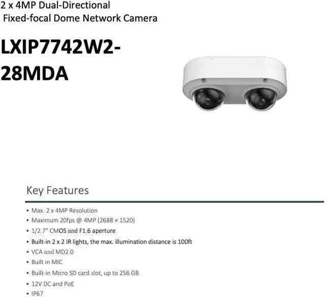 Alt view image 3 of 7 - LTS Pro-X LXIP7742W2-28MDA IP 2x4MP Dual Lens PoE 100ft IR Mic Alarm I/O NDAA Dome Camera