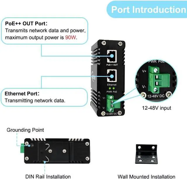 Alt view image 2 of 7 - 90W PoE Injector Industrial 10/100/1000Mbps IEEE802.3bt 12-48V ModeB