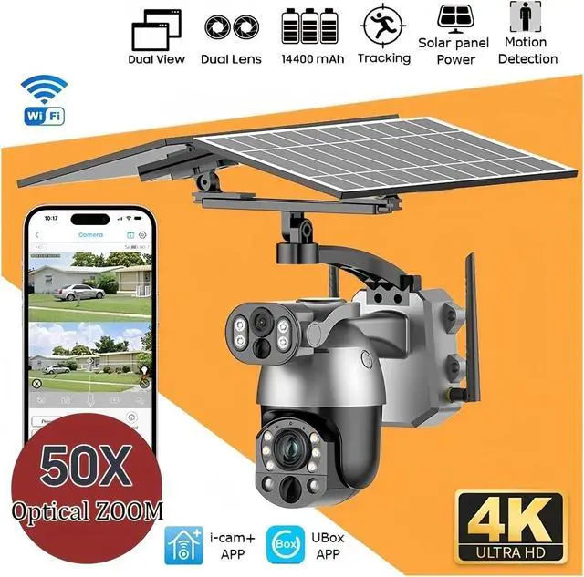 Alt view image 4 of 4 - Solar Powered PTZ Camera, 4K Dual Lens with 50X Optical Zoom, 10MP Outdoor Security, Wi-Fi Connect, IP66 Waterproof, 360° Auto Tracking