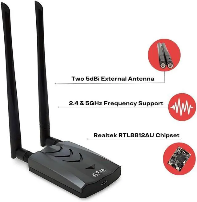 Alt view image 2 of 7 - Alfa AWUS036ACH Long-Range AC1200 Dual-Band USB WiFi Adapter, RTL8812AU Chipset Monitor Mode, Packet Injection, Aircrack-ng Compatible with Kali Linux, Windows, macOS