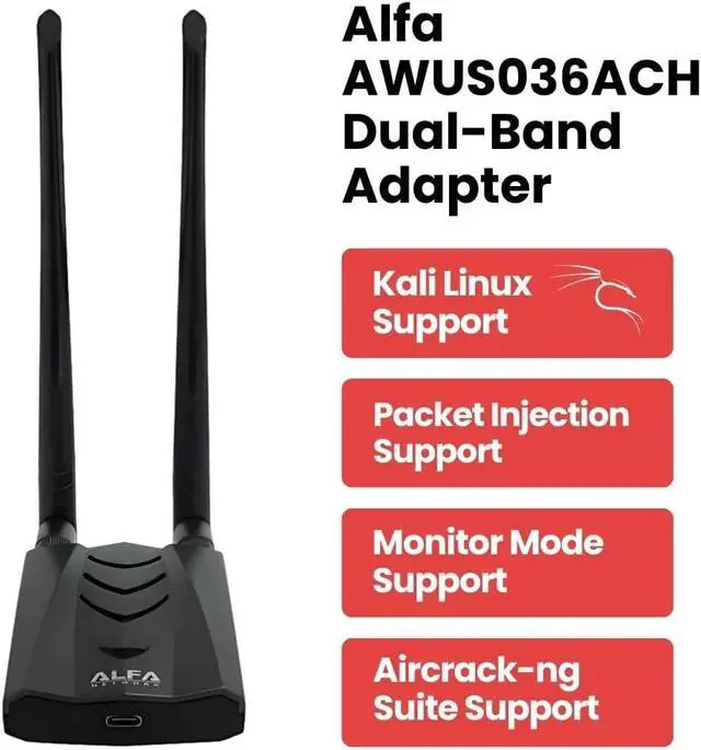 Alt view image 5 of 7 - Alfa AWUS036ACH Long-Range AC1200 Dual-Band USB WiFi Adapter, RTL8812AU Chipset Monitor Mode, Packet Injection, Aircrack-ng Compatible with Kali Linux, Windows, macOS