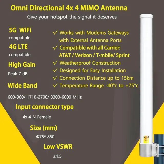 Alt view image 2 of 7 - Omni 4x4 MIMO 5G Antenna for T-Mobile, Outdoor 4G LTE Antennas N71 Cellular Hotspots Router Gateways, 600-6000MHz, 10meter Cable SMA