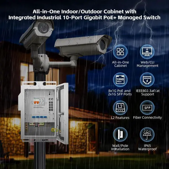 Alt view image 2 of 7 - MokerLink Indoor/Outdoor Enclosure with Integrated 8 Port Gigabit PoE+ Managed, 2 SFP Switch, IEEE802.3af/at POE 300W, L2+ Web/CLI Vlan
