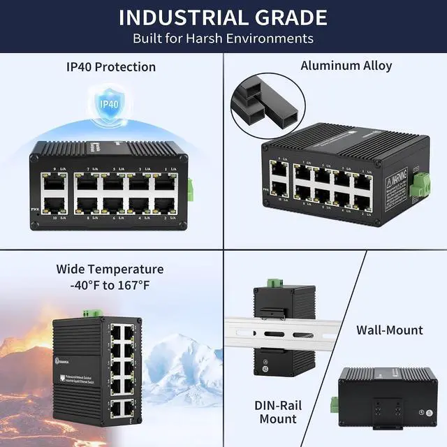 Alt view image 4 of 7 - Mini Industrial 10 Ports Gigabit Switch, USB-C 5V or DC 9-56V