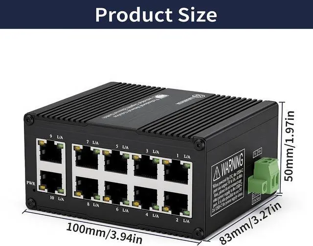 Alt view image 6 of 7 - Mini Industrial 10 Ports Gigabit Switch, USB-C 5V or DC 9-56V