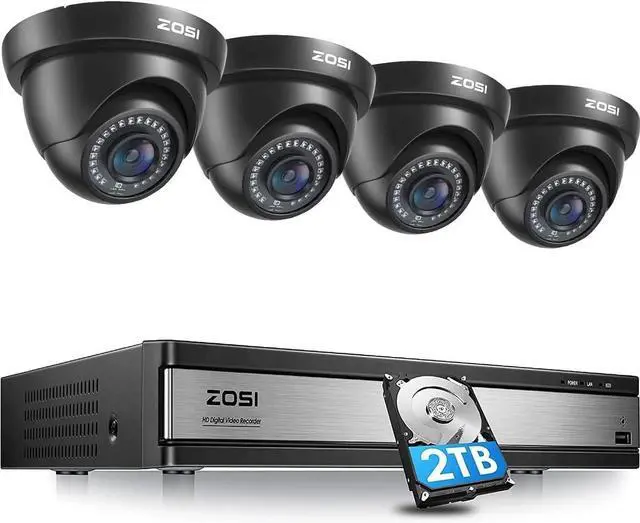 Main image of ZOSI 16 Channel 1080P Hybrid 4-in-1 CCTV DVR with 2TB Hard Drive, AI Human/Vehicle Detection, H.265+, Includes 4 Pack 1080P HD-TVI Dome Security Cameras with Night Vision, Remote Access