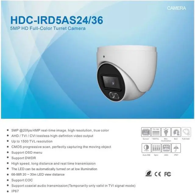 Alt view image 2 of 4 - ENS Titanium HDC-IRD5AS24-28 5MP 20fps TVI/CVI/AHD 2.8mm Mic 98ft Dual Light NDAA Dome Camera