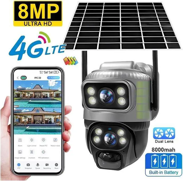 Alt view image 3 of 4 - Wireless 4G Security Camera with Solar Panel, Dual Lens 8MP 4K Battery Powered CCTV, IP65 Waterproof, Human Detection, Night Vision, Remote Monitor for Outdoor Home Protection