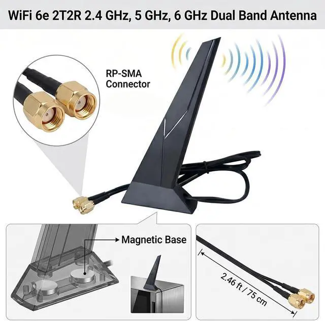 Alt view image 2 of 7 - WiFi 6 Antennas Replacement for MSI Motherboard RP-SMA 2T2R Dual Band WiFi 6E High Gain Antenna Tri-Band 2.4GHz 5GHz Magnetic Base Adapter PC Desktop Computer Black