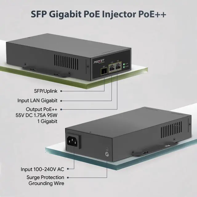 Alt view image 2 of 6 - PROCET PoE Injector PoE++ 95W SFP Fiber Gigabit Uplink, Working Temp -40 to 149 for Ubiquiti mmWave Bridge/Access Point, PTZ PoE Camera, Small Cell, Smart Factory, Commercial Kiosks Display