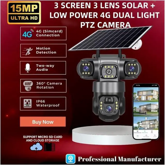 Alt view image 2 of 7 - Tri-Lens 4G Solar PTZ Security IP Camera