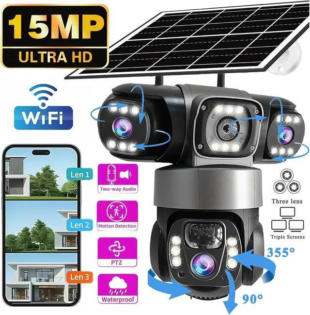 Alt view image 2 of 7 - Tri-Lens WiFi Solar PTZ Security IP Camera