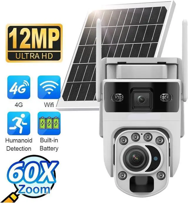 Alt view image 3 of 7 - 12MP 60X Optical Zoom Solar Camera 4G/WiFi Dual Screen Auto Tracking CCTV