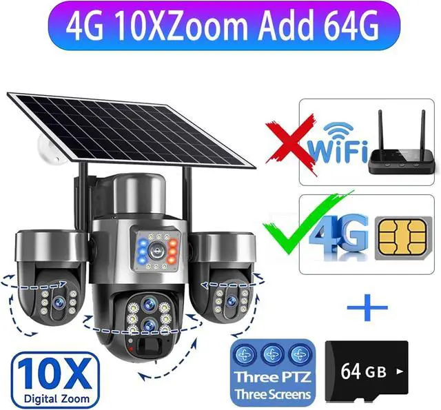 Alt view image 2 of 7 - 20MP 4G Solar Camera 4-Lens 3-Screen 10X Optical Zoom Auto Tracking CCTV