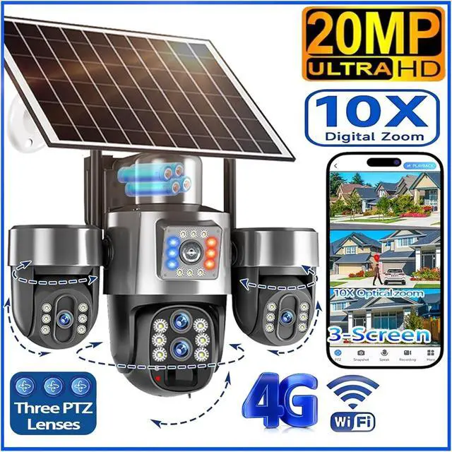 Alt view image 3 of 7 - 20MP 4G Solar Camera 4-Lens 3-Screen 10X Optical Zoom Auto Tracking CCTV
