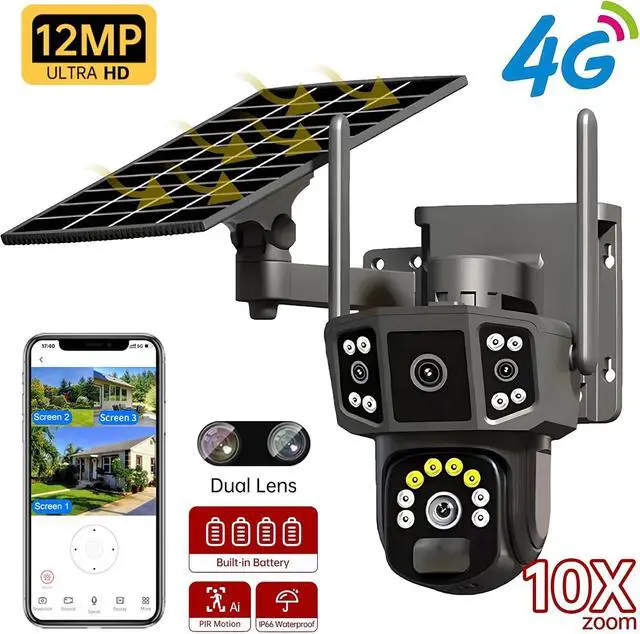 Alt view image 2 of 7 - 4K Dual Lens Solar Security Camera Outdoor Wireless WiFi 4G SIM 10X Zoom Surveillance Cam(4G Camera 64G)