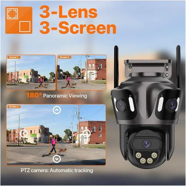 Alt view image 3 of 7 - 4K Three Screen WiFi PTZ Camera Dual Lens AI Human Detection IP66 CCTV