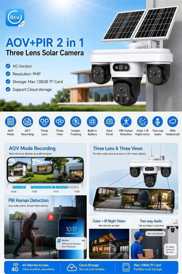 Alt view image 2 of 7 - 4G LTE Solar Security Camera Wireless Outdoor, 9MP Three Lens 3 View PTZ Camera, AOV+PIR 2-in-1 Human Detection, Color IR Night Vision, 2-Way Audio, IP66 Waterproof Solar Powered Home Security Cam2