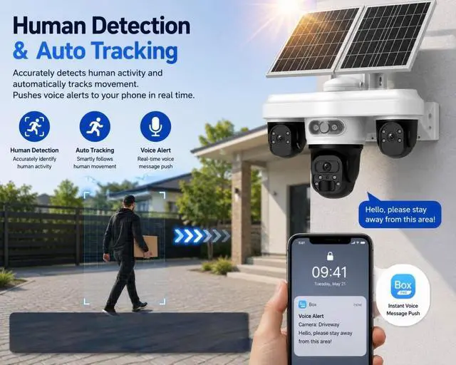 Alt view image 5 of 7 - 4G LTE Solar Security Camera Wireless Outdoor, 9MP Three Lens 3 View PTZ Camera, AOV+PIR 2-in-1 Human Detection, Color IR Night Vision, 2-Way Audio, IP66 Waterproof Solar Powered Home Security Cam2