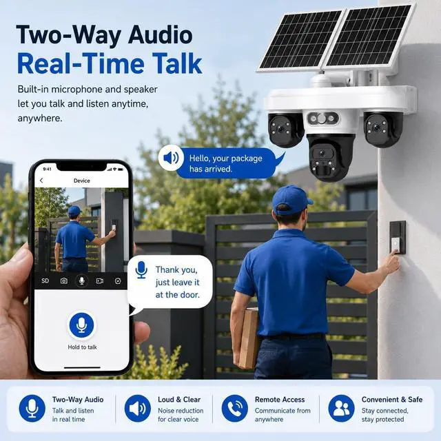 Alt view image 6 of 7 - 4G LTE Solar Security Camera Wireless Outdoor, 9MP Three Lens 3 View PTZ Camera, AOV+PIR 2-in-1 Human Detection, Color IR Night Vision, 2-Way Audio, IP66 Waterproof Solar Powered Home Security Cam2
