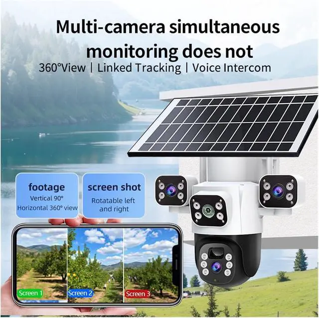 Alt view image 2 of 6 - 12MP Solar WiFi IP Camera CCTV Three Lens Three Screen Auto Tracking Outdoor 6K 4G Surveillance Camera Security Protection(4G Cam Add 64G)