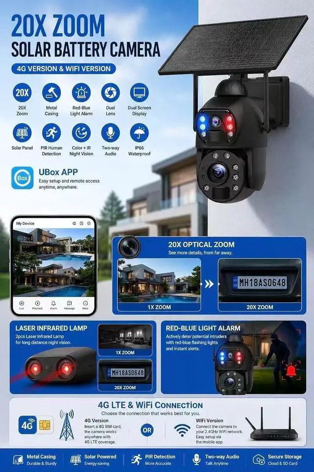 Alt view image 2 of 7 - for UBox 20x Zoom Solar Wireless Outdoor Security Camera, Metal Shell Dual Lens PTZ Camera, WiFi & 4G LTE Cellular Network, Full-Color Night Vision, PIR Motion Detection Outdoor Monitoring camera1