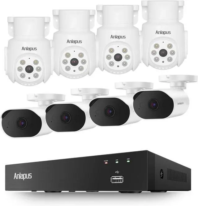 Main image of Anlapus 3K Lite 8CH Wired Security Camera System with Audio & Human Vehicle Detection, Includes 4 x 1080P Outdoor Indoor Cameras + 4 Pack 1080P Pan Tilt Cameras with Night Vision,NO HDD.