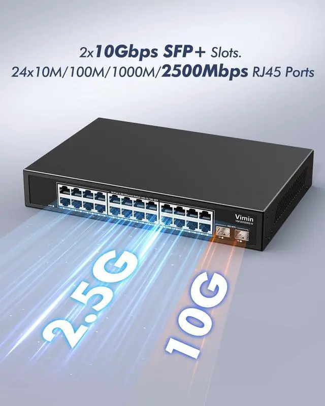 Alt view image 3 of 7 - 24-Port 2.5G Network Switch+2x10G SFP, 24x 2.5G Base-T Ethernet Unmanaged Switch, 24 Ports Switch Compatible with 10/100/1000/2500M, 160Gbps Switching Capacity, Fanless, 19-inch Rack Mount