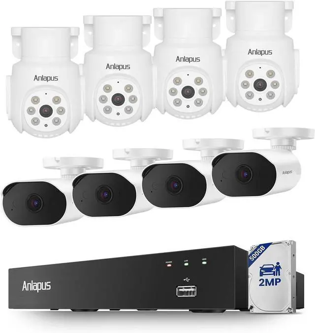 Main image of Anlapus 3K Lite Wired Security Camera System with 500GB HDD & Human Vehicle Detection, Includes 4 x 2MP Weatherproof Outdoor Cameras + 4 Pack 1080P Pan Tilt Cameras with Audio & Night Vision.