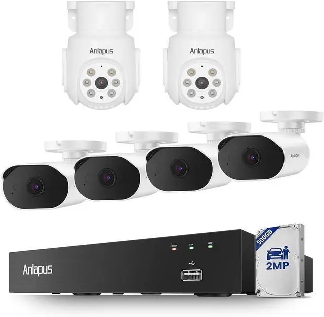 Main image of Anlapus 3K Lite Wired Security Camera System with 500GB HDD & Human Vehicle Detection, Includes 4 x 2MP Weatherproof Outdoor Cameras + 2 Pack 1080P Pan Tilt Cameras with Audio & Night Vision.