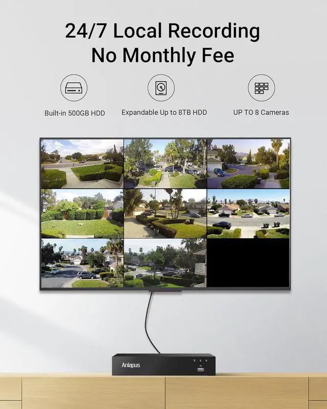 Alt view image 6 of 7 - Anlapus 3K Lite Wired Security Camera System with 500GB HDD & Human Vehicle Detection, Includes 4 x 2MP Weatherproof Outdoor Cameras + 4 Pack 1080P Pan Tilt Cameras with Audio & Night Vision.